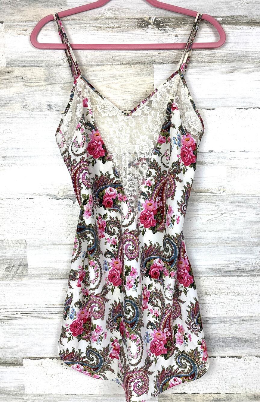 Victoria’s Secret Vintage Women’s L White Pink Floral Paisley Lace Slip Nighty